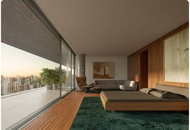Bedroom with floor-to-ceiling glass and motorized shades over a city view