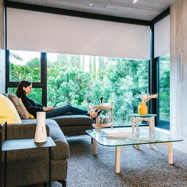 Dual roller shades in a bedroom with a lake view